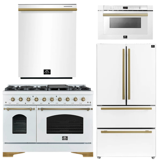 FORNO Antico Package - 48" Gas Range, 36" Refrigerator with Ice Maker, Dishwasher and 24" Microwave Drawer in White with Antique Brass Accents