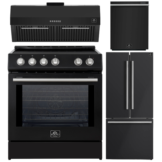 FORNO Espresso Package - 30" Induction Range, Range Hood, 30" Refrigerator with Ice Maker and Dishwasher in Black with Stainless Steel Accents
