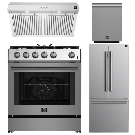 FORNO Espresso Package - 30" Gas Range, Range Hood, 30" Refrigerator with Ice Maker and Dishwasher in Stainless Steel