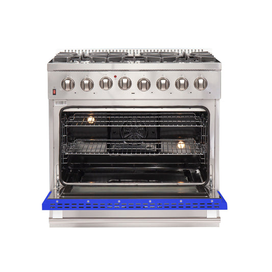 Forno Galiano 36-Inch Dual Fuel Range, 5.36 cu. ft. Oven, 6 Sealed Brass Burners, Blue Finish (Model FFSGS6156-36BLU)