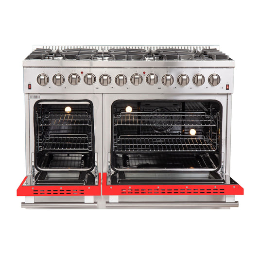 Forno Galiano 48-Inch Dual Fuel Range, 8 Sealed Brass Burners, 6.58 cu. ft. Double Oven, Red Stainless Steel, Model FFSGS6156-48RED