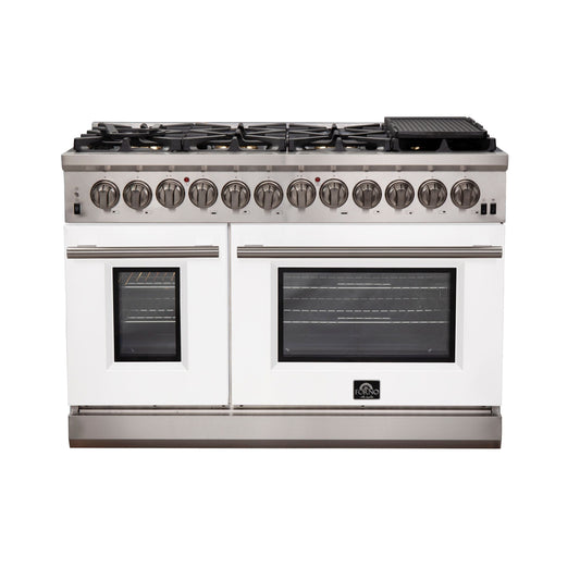 FORNO Capriasca 48-Inch Dual Fuel Range, 6.58 cu. ft., 8 Sealed Italian Brass Burners, White, Model FFSGS6187-48WHT