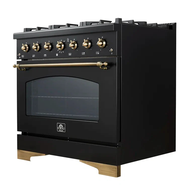 FORNO Antico 36 in. Gas Range, 4.5 cu. ft., 6 Sealed Burners, Black with Antique Brass Accents (Model FFSGS6219-36BLK)