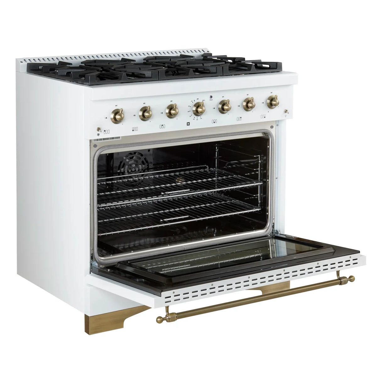 Forno Antico 36 in. Gas Range, 4.5 cu. ft. Oven, 6 Sealed Burners, White with Antique Brass Accents (Model FFSGS6219-36WHT)
