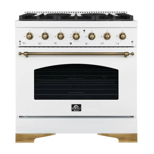 Forno Antico 36 in. Gas Range, 4.5 cu. ft. Oven, 6 Sealed Burners, White with Antique Brass Accents (Model FFSGS6219-36WHT)