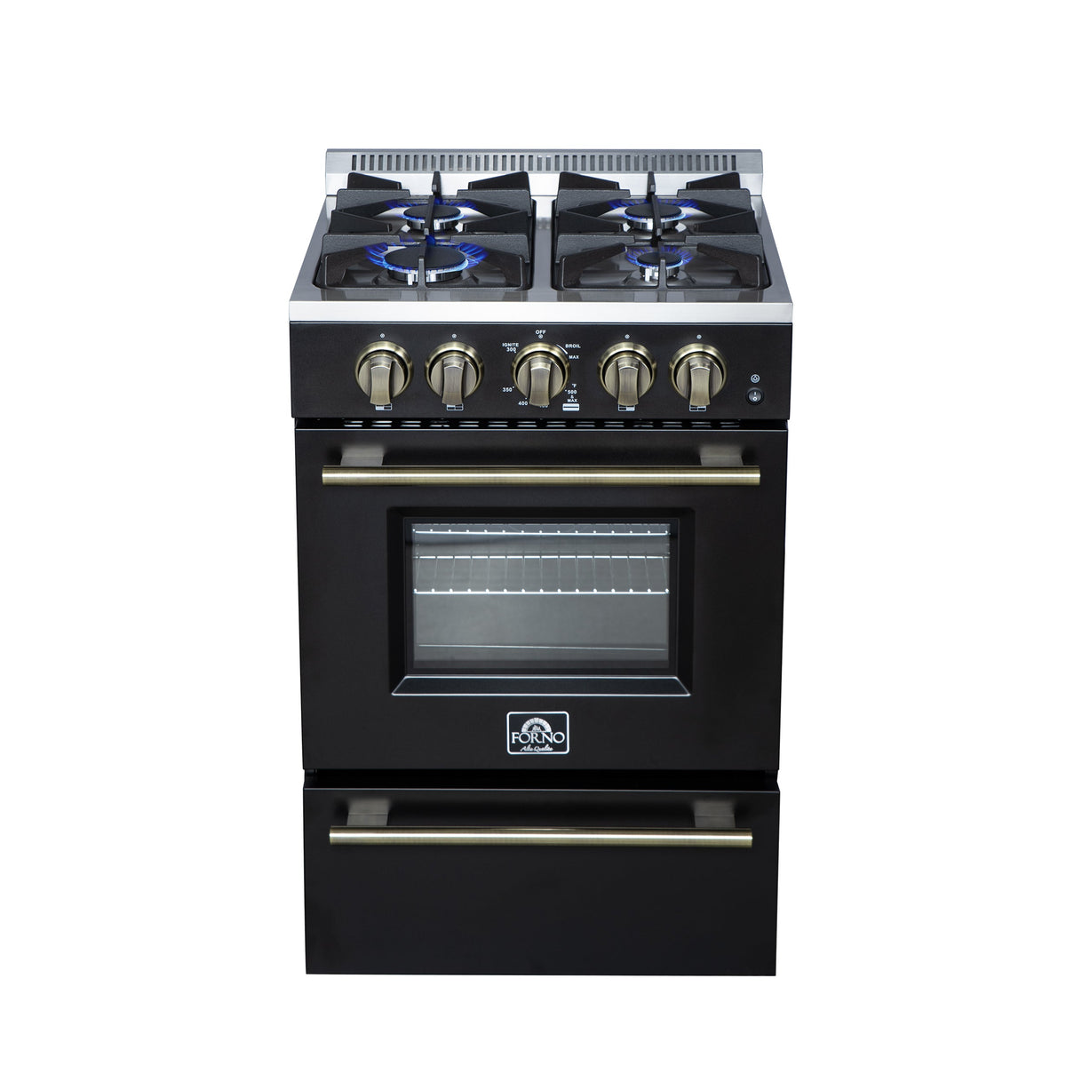 Forno Breno 24-Inch Freestanding Gas Range, 2.3 Cu. Ft. Oven, 4 Sealed Burners, Storage Drawer, Air Fryer Kit, Black with Antique Brass Accents (FFSGS6272-24BLK)