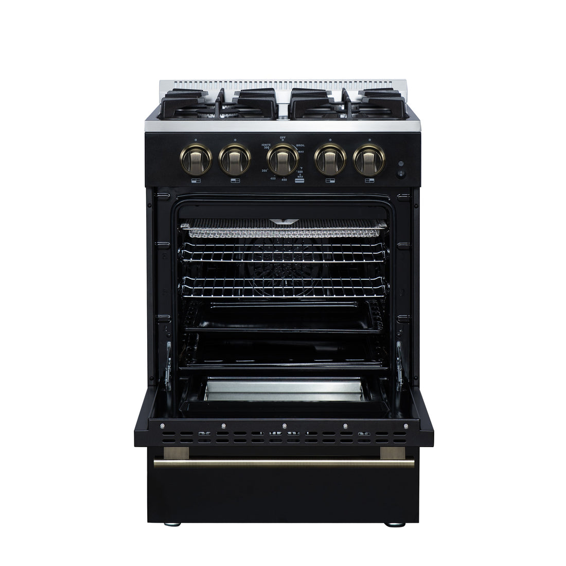 Forno Breno 24-Inch Freestanding Gas Range, 2.3 Cu. Ft. Oven, 4 Sealed Burners, Storage Drawer, Air Fryer Kit, Black with Antique Brass Accents (FFSGS6272-24BLK)