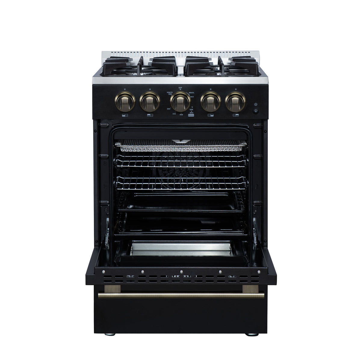 Forno Breno 24-Inch Freestanding Gas Range, 2.3 Cu. Ft. Oven, 4 Sealed Burners, Storage Drawer, Air Fryer Kit, Black with Antique Brass Accents (FFSGS6272-24BLK)