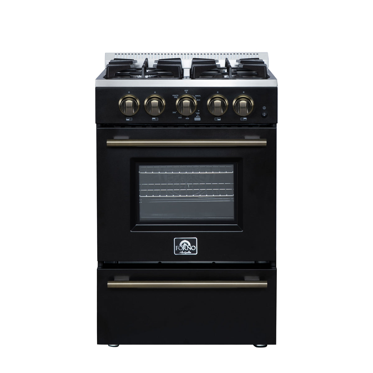 Forno Breno 24-Inch Freestanding Gas Range, 2.3 Cu. Ft. Oven, 4 Sealed Burners, Storage Drawer, Air Fryer Kit, Black with Antique Brass Accents (FFSGS6272-24BLK)