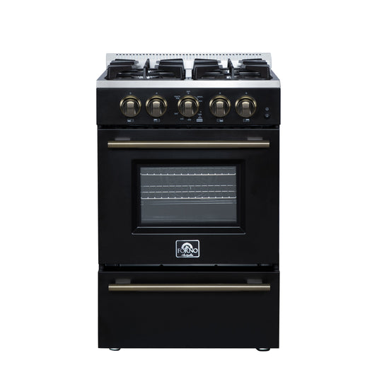 Forno Breno 24-Inch Freestanding Gas Range, 2.3 Cu. Ft. Oven, 4 Sealed Burners, Storage Drawer, Air Fryer Kit, Black with Antique Brass Accents (FFSGS6272-24BLK)