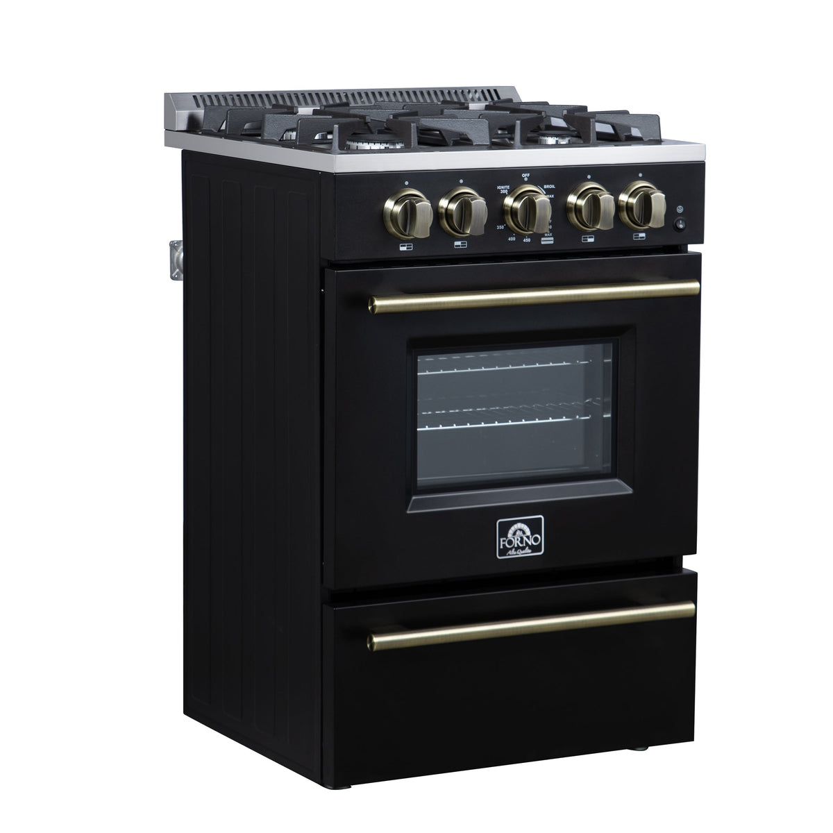 Forno Breno 24-Inch Freestanding Gas Range, 2.3 Cu. Ft. Oven, 4 Sealed Burners, Storage Drawer, Air Fryer Kit, Black with Antique Brass Accents (FFSGS6272-24BLK)