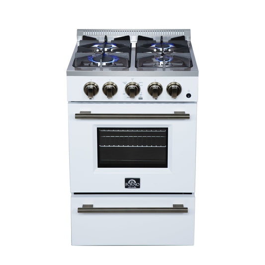 FORNO Breno 24-Inch Freestanding Gas Range, 2.3 cu. ft. Oven, 4 Sealed Burners, Storage Drawer, Air Fryer Kit, White with Antique Brass Accents (Model FFSGS6272-24WHT)