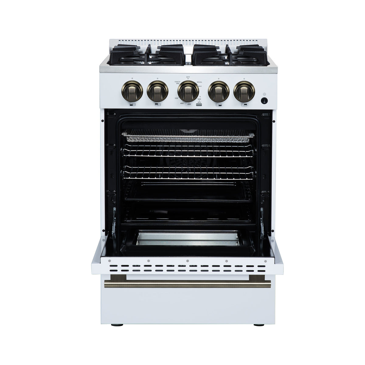 FORNO Breno 24-Inch Freestanding Gas Range, 2.3 cu. ft. Oven, 4 Sealed Burners, Storage Drawer, Air Fryer Kit, White with Antique Brass Accents (Model FFSGS6272-24WHT)