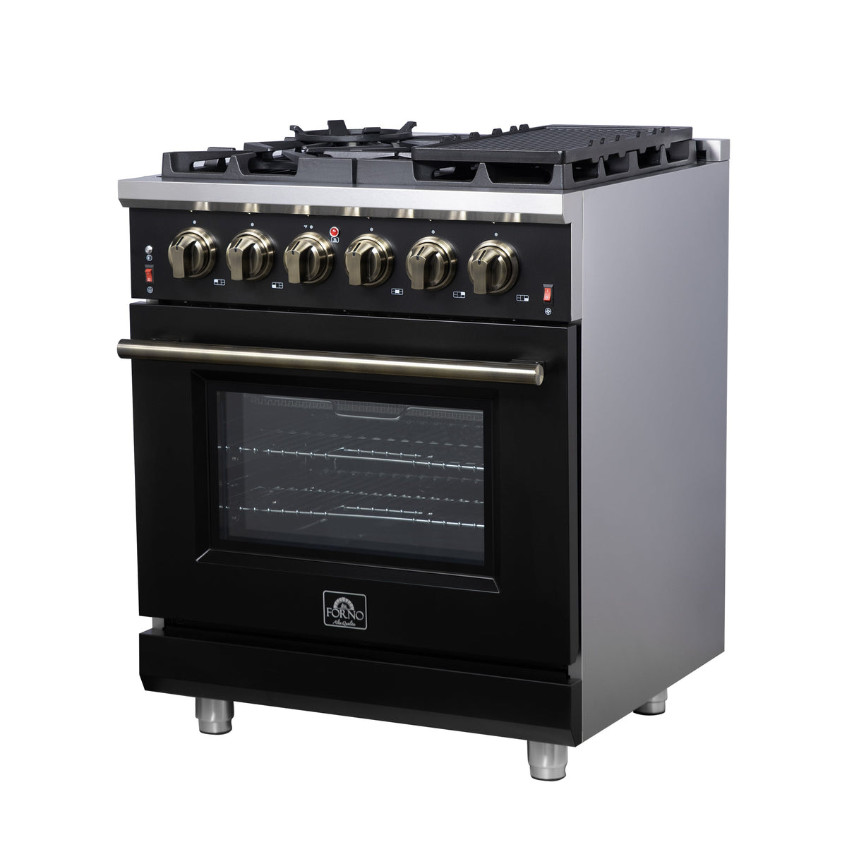 Forno Massimo 30-Inch Freestanding Gas Range, 4.32 cu ft Oven, 5 Sealed Burners, Air Fryer Kit, Wok Ring, Griddle, Black with Antique Brass Accents (FFSGS6239-30BLK)