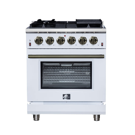 Forno Massimo 30-Inch Freestanding Gas Range, 4.32 cu. ft. Oven, 5 Sealed Burners, Air Fry Kit, White with Antique Brass Accents (Model FFSGS6239-30WHT)