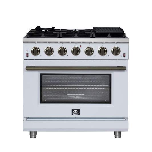Forno Massimo 36-Inch Freestanding Gas Range with 6 Sealed Burners, 5.36 cu. ft. Oven, Air Fryer Kit, Wok Ring and Griddle, White with Antique Brass Accents (Model FFSGS6239-36WHT)