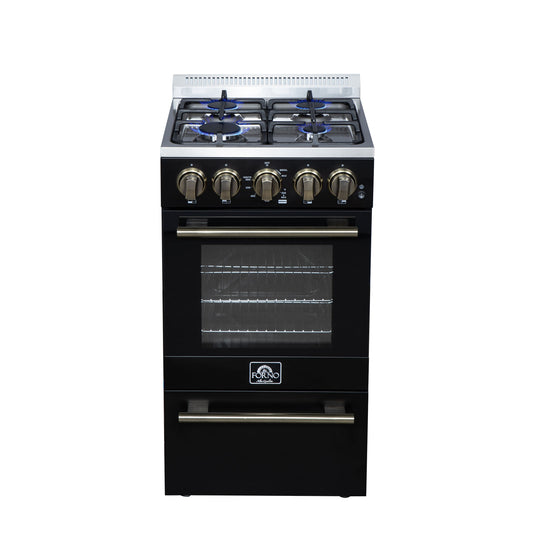 Forno Lamazze 20-Inch Freestanding Gas Range, 2.05 Cu. Ft. Oven, 4 Sealed Burners, Black with Antique Brass Accents (Model FFSGS6265-20BLK)