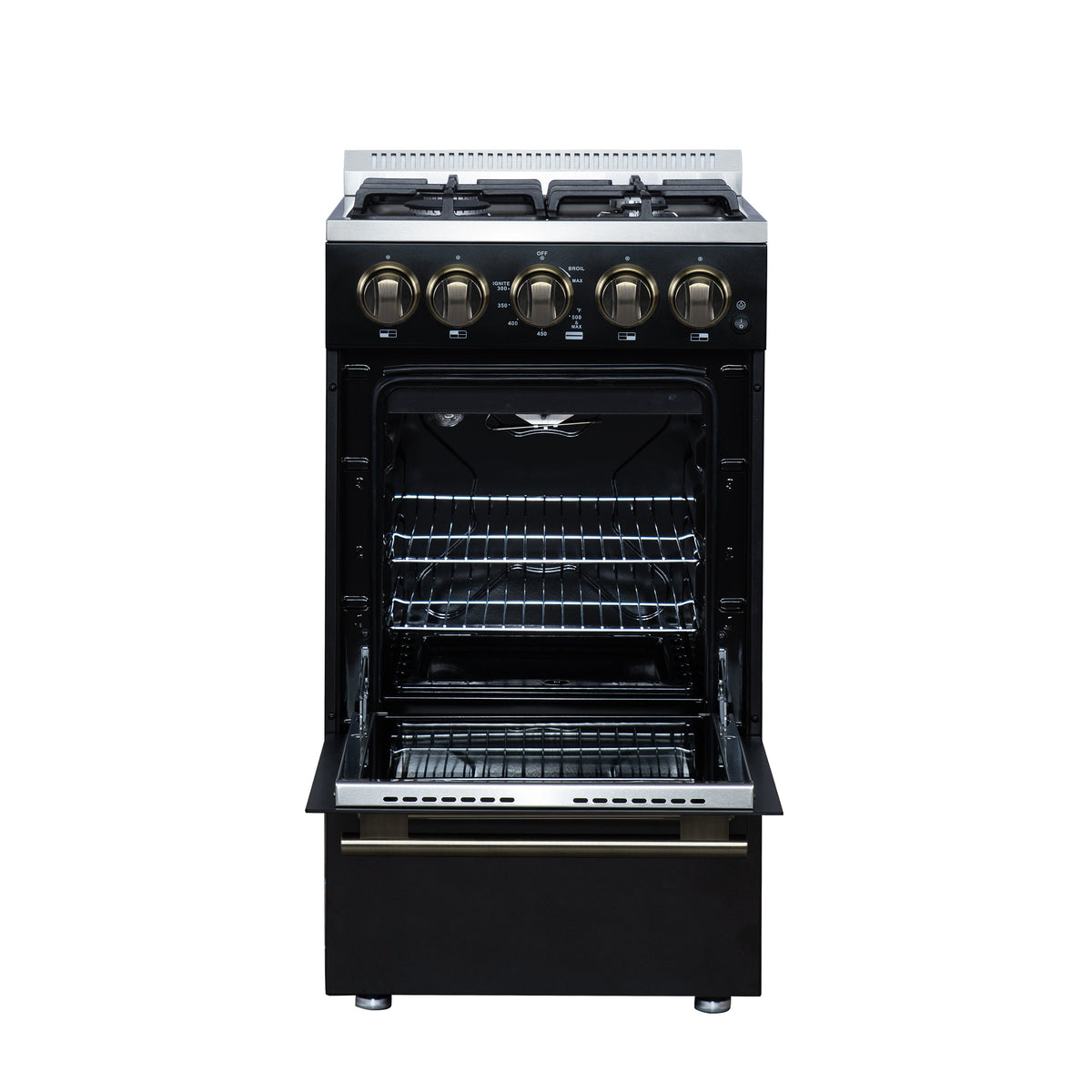Forno Lamazze 20-Inch Freestanding Gas Range, 2.05 Cu. Ft. Oven, 4 Sealed Burners, Black with Antique Brass Accents (Model FFSGS6265-20BLK)