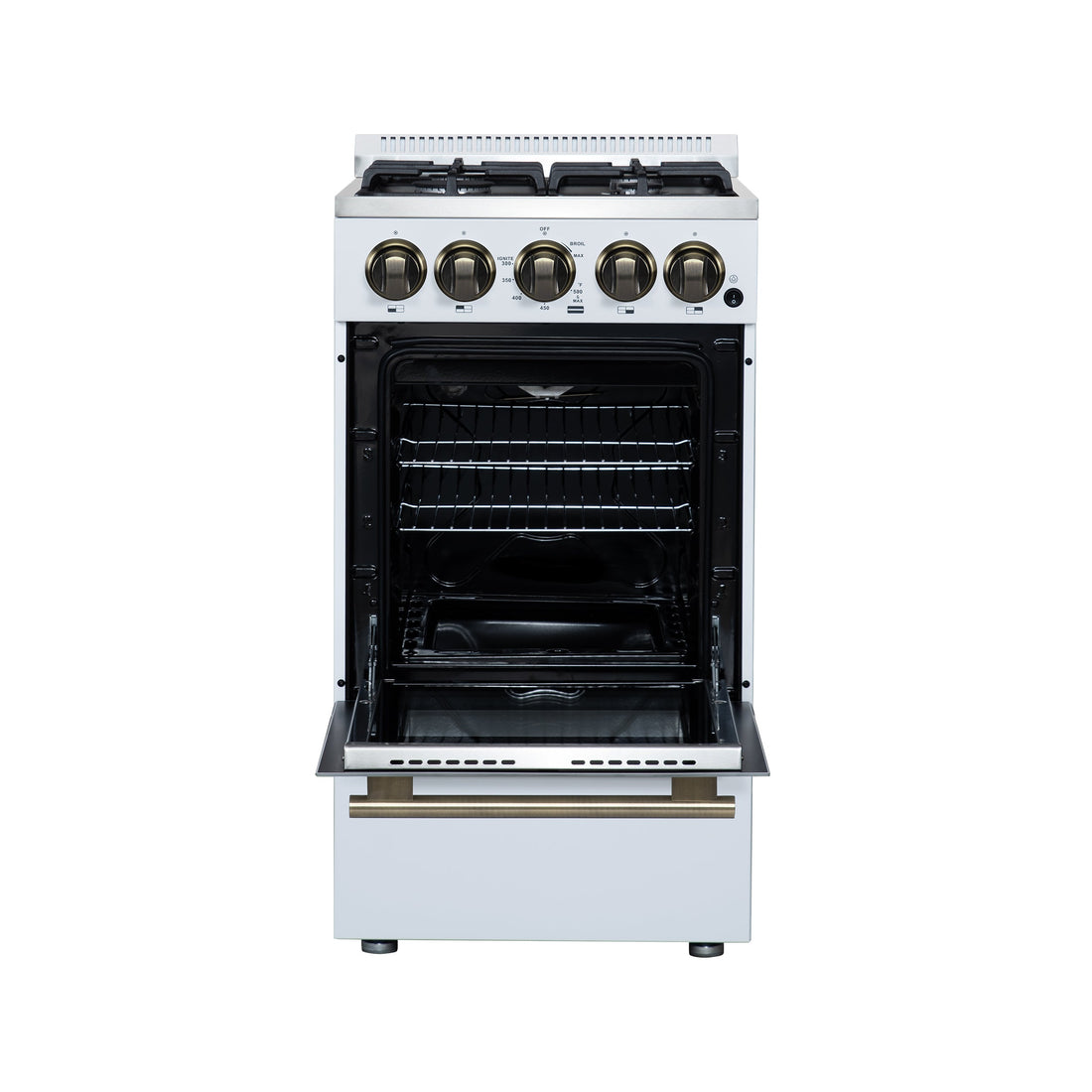 Forno Lamazze 20-Inch Freestanding Gas Range, 2.05 cu. ft. Oven, 4 Sealed Burners, White with Antique Brass Accents (Model FFSGS6265-20WHT)