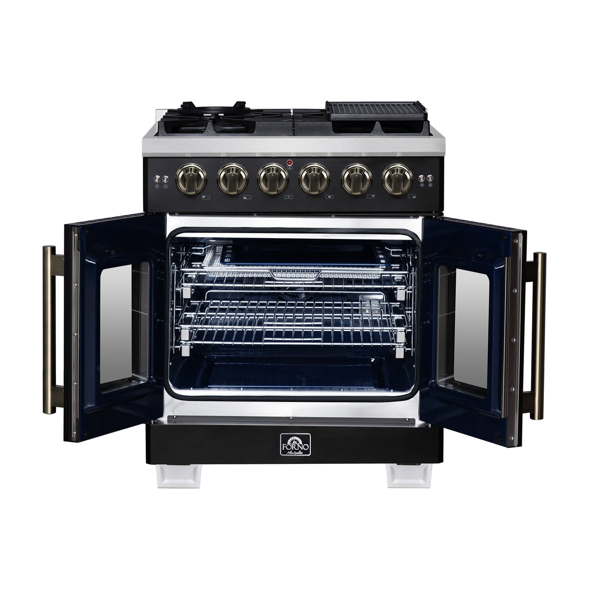 Forno Capriasca 30-Inch French Door Gas Range, 4.32 cu. ft., 5 Sealed Burners, Air Fryer Kit, Rotisserie Kit, Wok Support, Griddle, Black with Antique Brass Accents (FFSGS6460-30BLK)