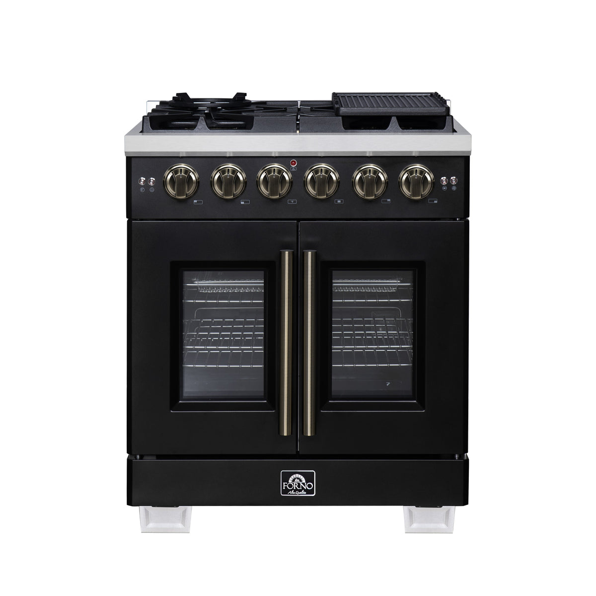 Forno Capriasca 30-Inch French Door Gas Range, 4.32 cu. ft., 5 Sealed Burners, Air Fryer Kit, Rotisserie Kit, Wok Support, Griddle, Black with Antique Brass Accents (FFSGS6460-30BLK)