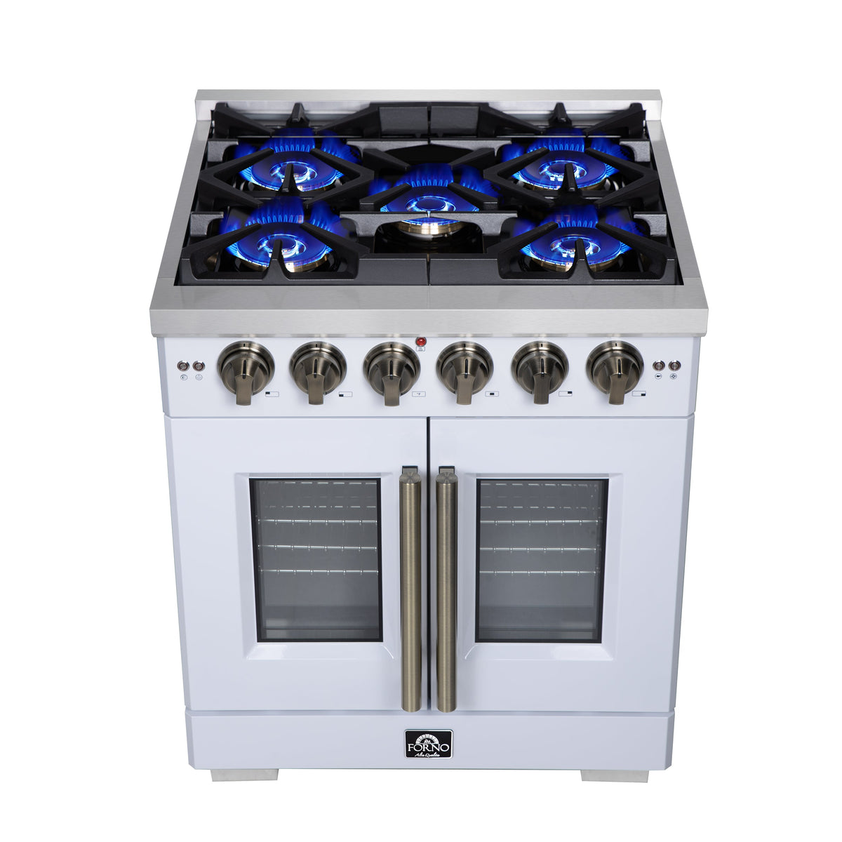 Forno Capriasca 30 in. French Door Gas Range, 4.32 cu. ft., 5 Sealed Burners, Air Fry Kit, Rotisserie, Wok Ring & Griddle, White with Antique Brass, Model FFSGS6460-30WHT
