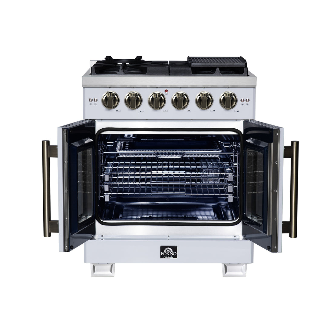 Forno Capriasca 30 in. French Door Gas Range, 4.32 cu. ft., 5 Sealed Burners, Air Fry Kit, Rotisserie, Wok Ring & Griddle, White with Antique Brass, Model FFSGS6460-30WHT