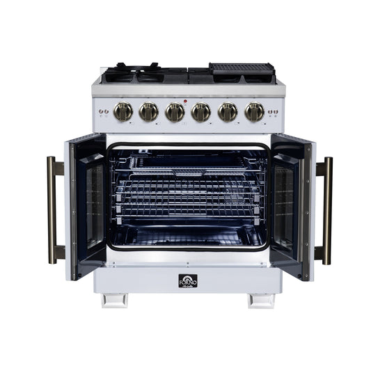 Forno Capriasca 30 in. French Door Gas Range, 4.32 cu. ft., 5 Sealed Burners, Air Fry Kit, Rotisserie, Wok Ring & Griddle, White with Antique Brass, Model FFSGS6460-30WHT