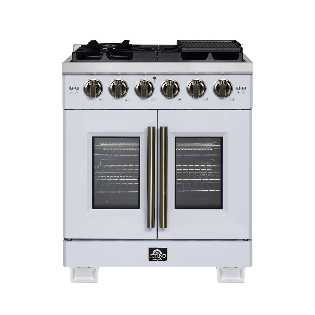 Forno Capriasca 30 in. French Door Gas Range, 4.32 cu. ft., 5 Sealed Burners, Air Fry Kit, Rotisserie, Wok Ring & Griddle, White with Antique Brass, Model FFSGS6460-30WHT