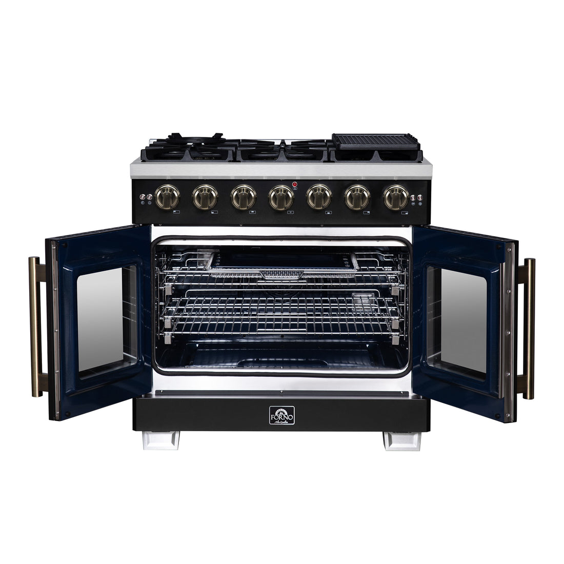 Forno Capriasca 36-Inch French Door Gas Range, 5.36 cu. ft. Oven, 6 Sealed Gas Burners, Air Fry Basket, Rotisserie Kit, Wok Ring and Griddle, Black with Antique Brass Accents (Model FFSGS6460-36BLK)