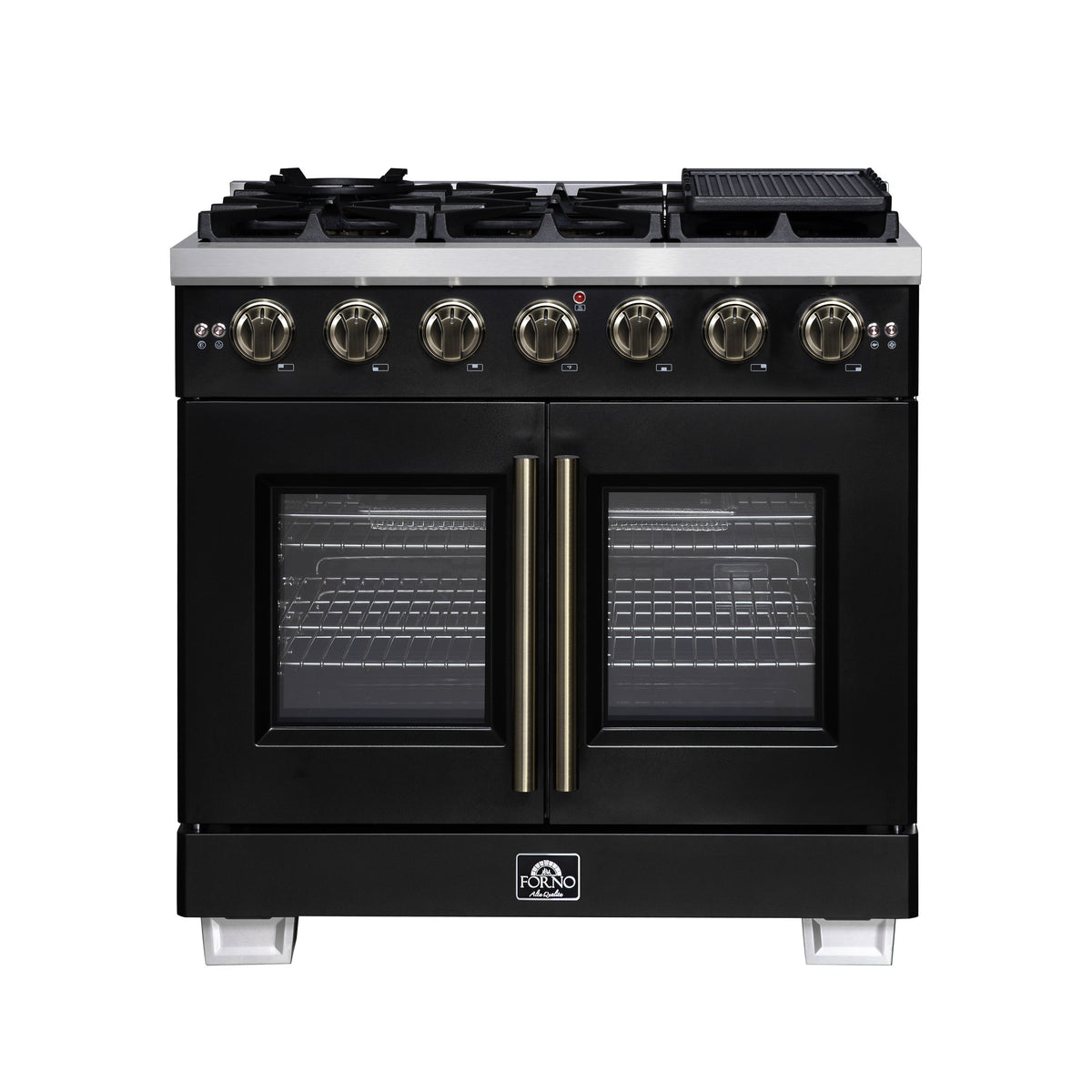 Forno Capriasca 36-Inch French Door Gas Range, 5.36 cu. ft. Oven, 6 Sealed Gas Burners, Air Fry Basket, Rotisserie Kit, Wok Ring and Griddle, Black with Antique Brass Accents (Model FFSGS6460-36BLK)