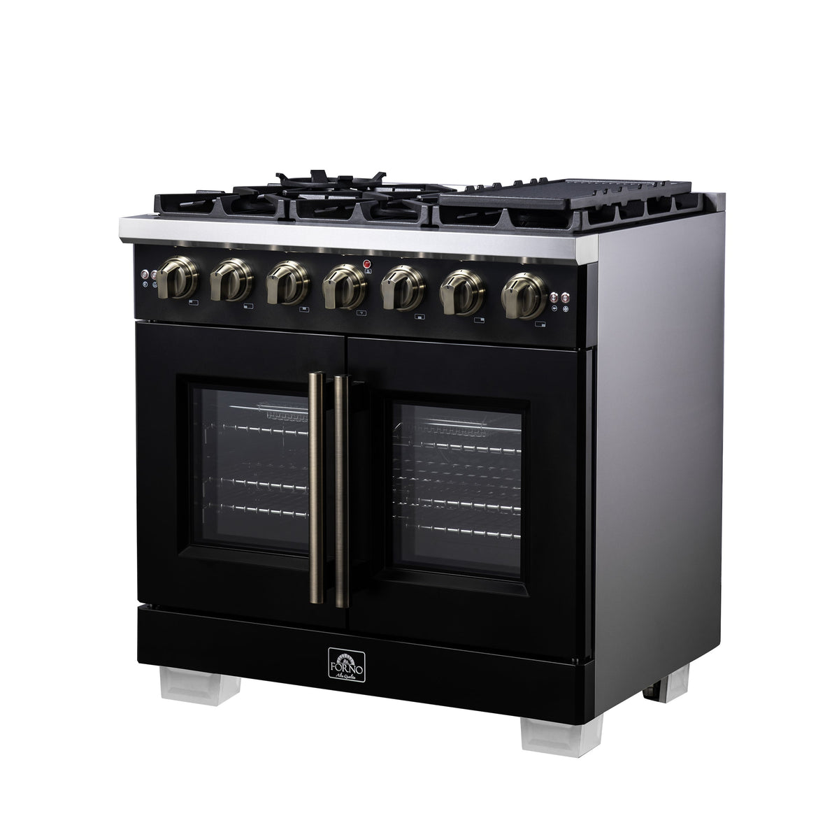 Forno Capriasca 36-Inch French Door Gas Range, 5.36 cu. ft. Oven, 6 Sealed Gas Burners, Air Fry Basket, Rotisserie Kit, Wok Ring and Griddle, Black with Antique Brass Accents (Model FFSGS6460-36BLK)