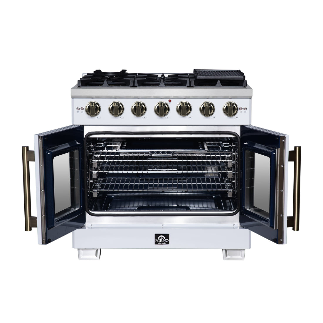 Forno Capriasca 36-Inch Gas Range with French Door Oven, 6 Sealed Burners, 5.36 cu. ft. Capacity, Air Fry Kit, Rotisserie, Wok Ring, Griddle, White with Antique Brass Accents (Model FFSGS6460-36WHT)
