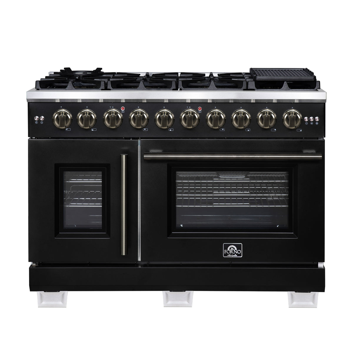 Forno Capriasca 48 Inch French Door Gas Range, 6.58 Cu. Ft., 8 Sealed Burners, Air Fry Kit, Rotisserie Kit, Wok Support, Griddle, Black with Antique Brass Accents (FFSGS6460-48BLK)