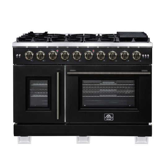 Forno Capriasca 48 Inch French Door Gas Range, 6.58 Cu. Ft., 8 Sealed Burners, Air Fry Kit, Rotisserie Kit, Wok Support, Griddle, Black with Antique Brass Accents (FFSGS6460-48BLK)