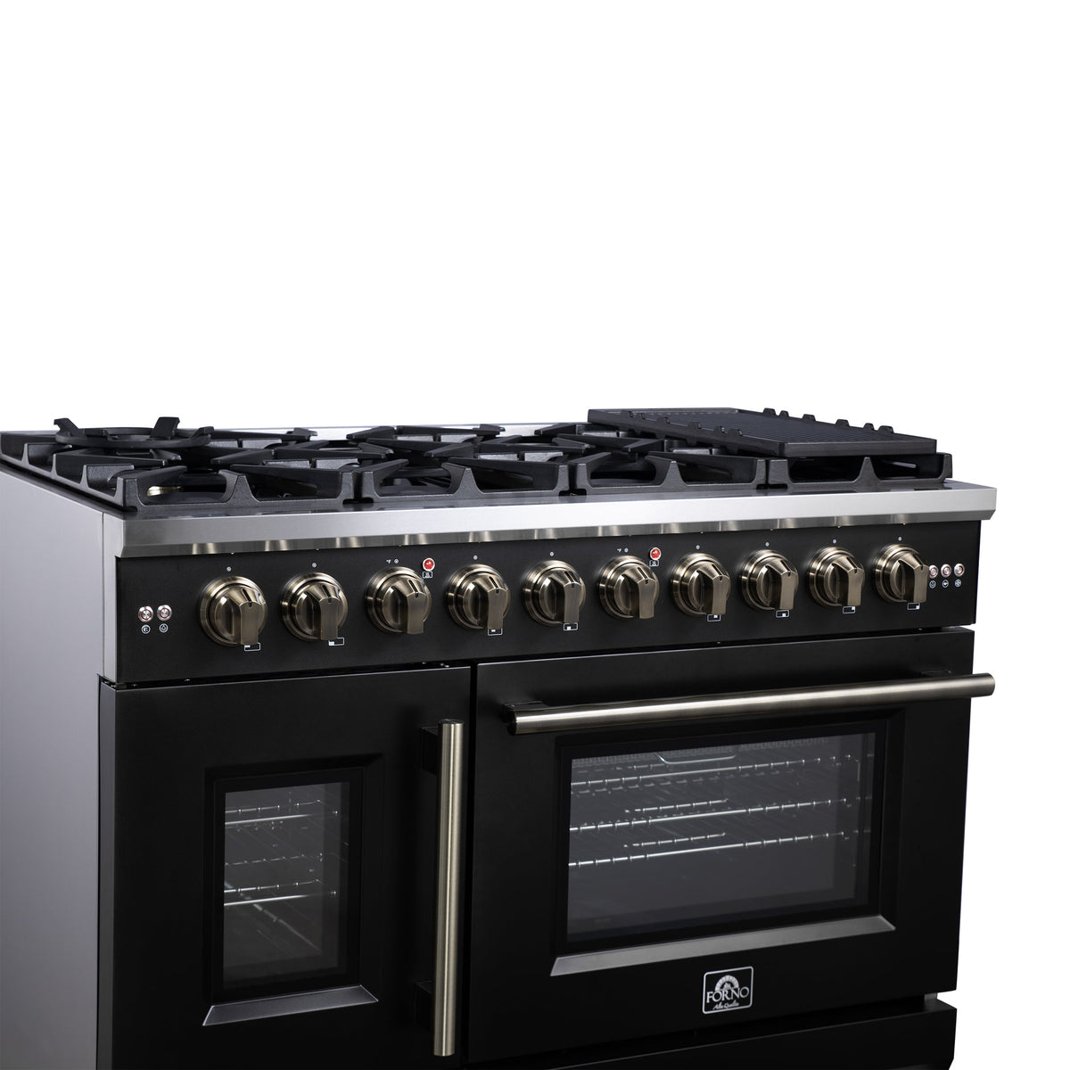 Forno Capriasca 48 Inch French Door Gas Range, 6.58 Cu. Ft., 8 Sealed Burners, Air Fry Kit, Rotisserie Kit, Wok Support, Griddle, Black with Antique Brass Accents (FFSGS6460-48BLK)