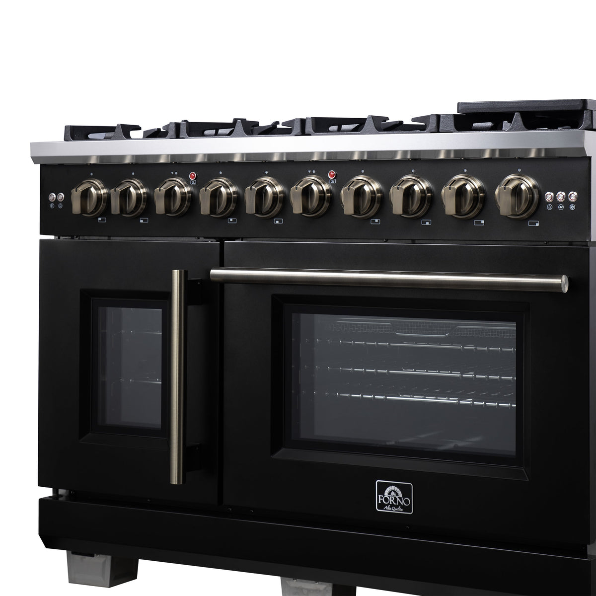 Forno Capriasca 48 Inch French Door Gas Range, 6.58 Cu. Ft., 8 Sealed Burners, Air Fry Kit, Rotisserie Kit, Wok Support, Griddle, Black with Antique Brass Accents (FFSGS6460-48BLK)