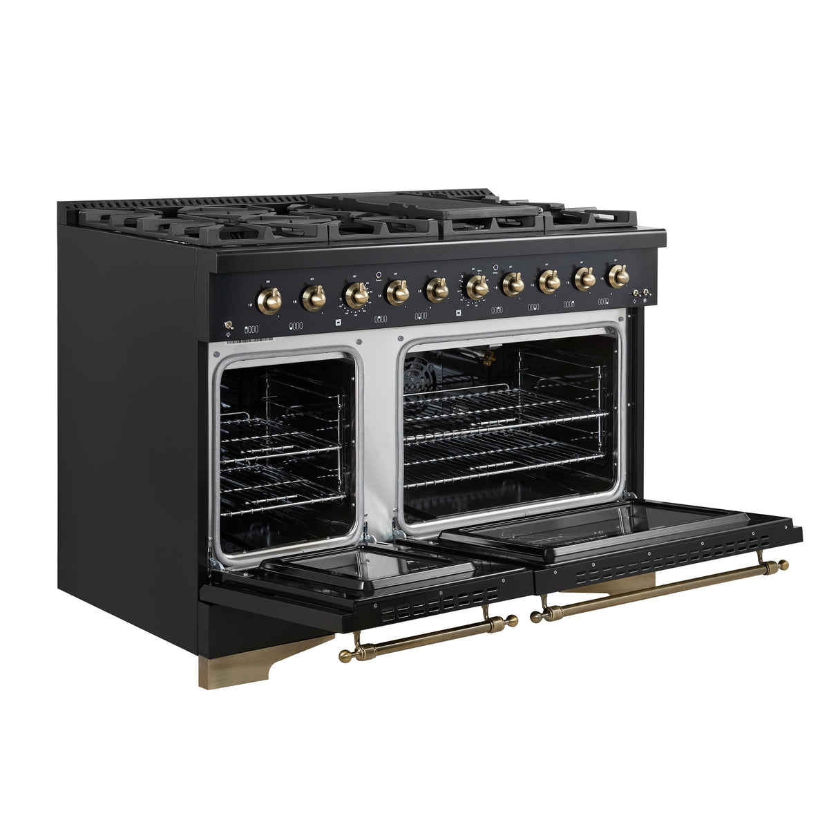 FORNO Antico 48-Inch Freestanding Gas Range, 8 Sealed Burners, Griddle, 5.5 cu. ft. Oven, Black with Antique Brass Acccents (FFSGS6219-48BLK)