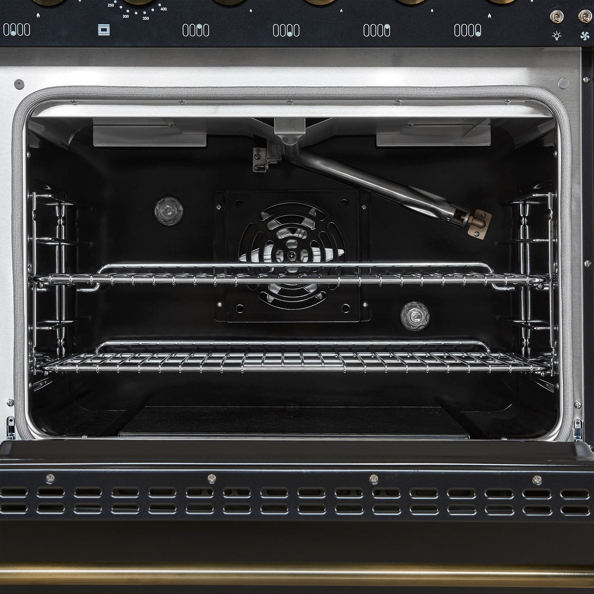 FORNO Antico 48-Inch Freestanding Gas Range, 8 Sealed Burners, Griddle, 5.5 cu. ft. Oven, Black with Antique Brass Acccents (FFSGS6219-48BLK)
