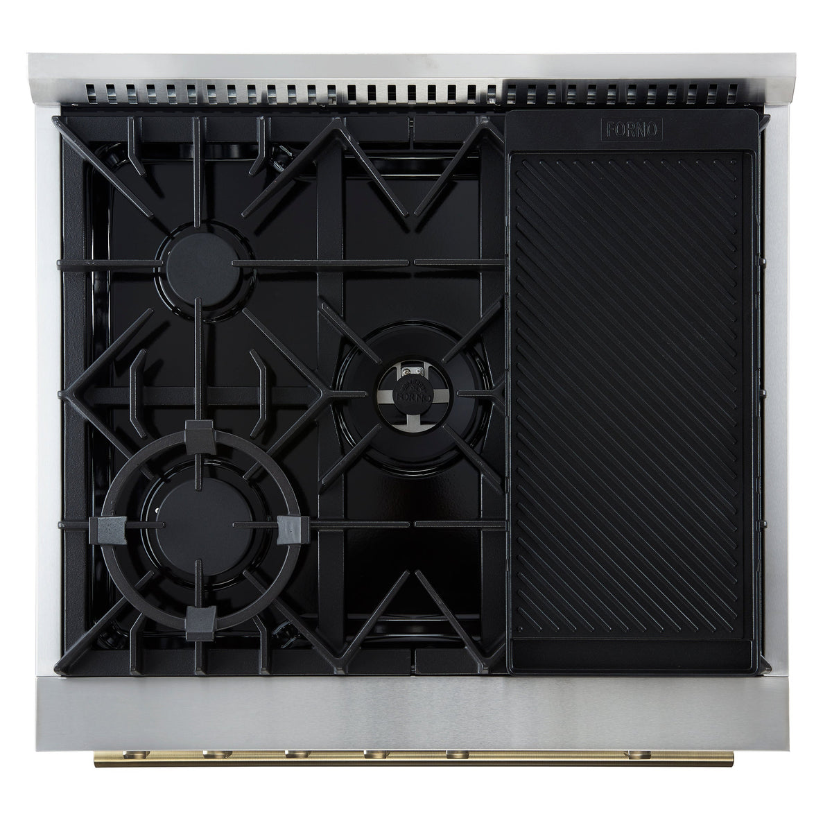 Forno Giovanni 30-Inch Gas Range, 4.32 cu. ft. Oven, 5 Sealed Burners with Griddle, Wok Ring & Air Fry Basket, Black with Antique Brass Accents (Model FFSGS6274-30BLK)