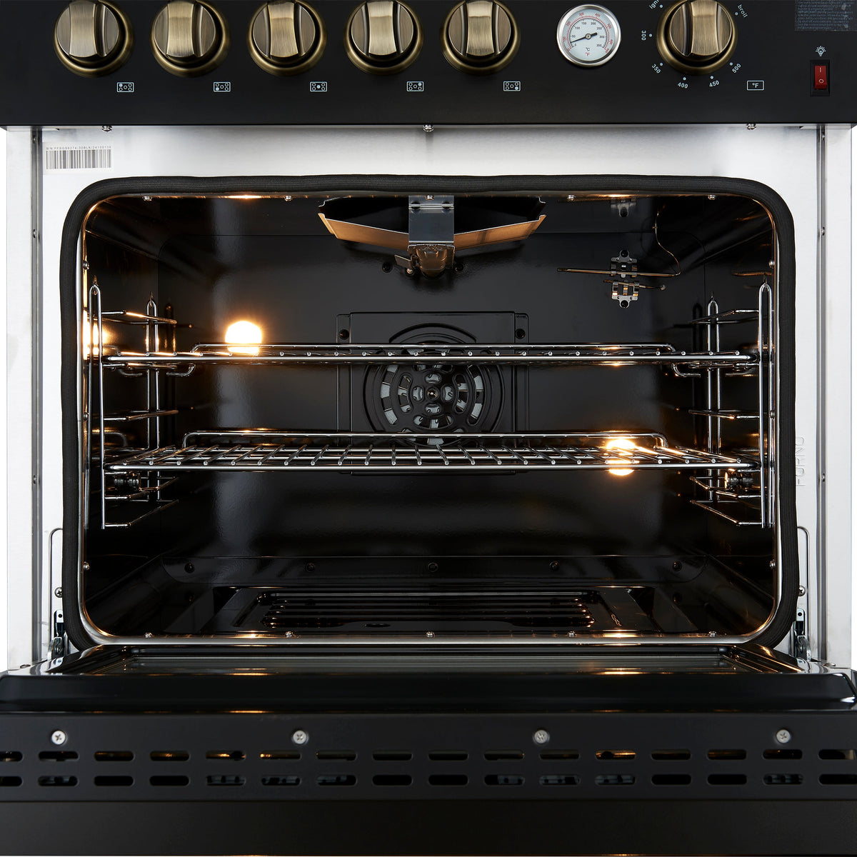 Forno Giovanni 30-Inch Gas Range, 4.32 cu. ft. Oven, 5 Sealed Burners with Griddle, Wok Ring & Air Fry Basket, Black with Antique Brass Accents (Model FFSGS6274-30BLK)