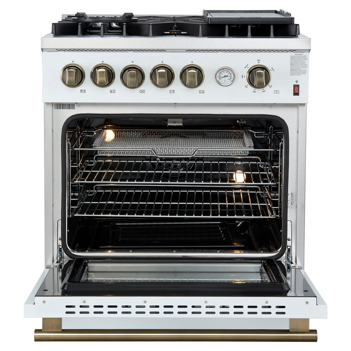 Forno Giovanni 30-Inch Gas Range, 4.32 cu ft Oven, 5 Sealed Burners, White with Antique Brass Accents (Model FFSGS6274-30WHT)