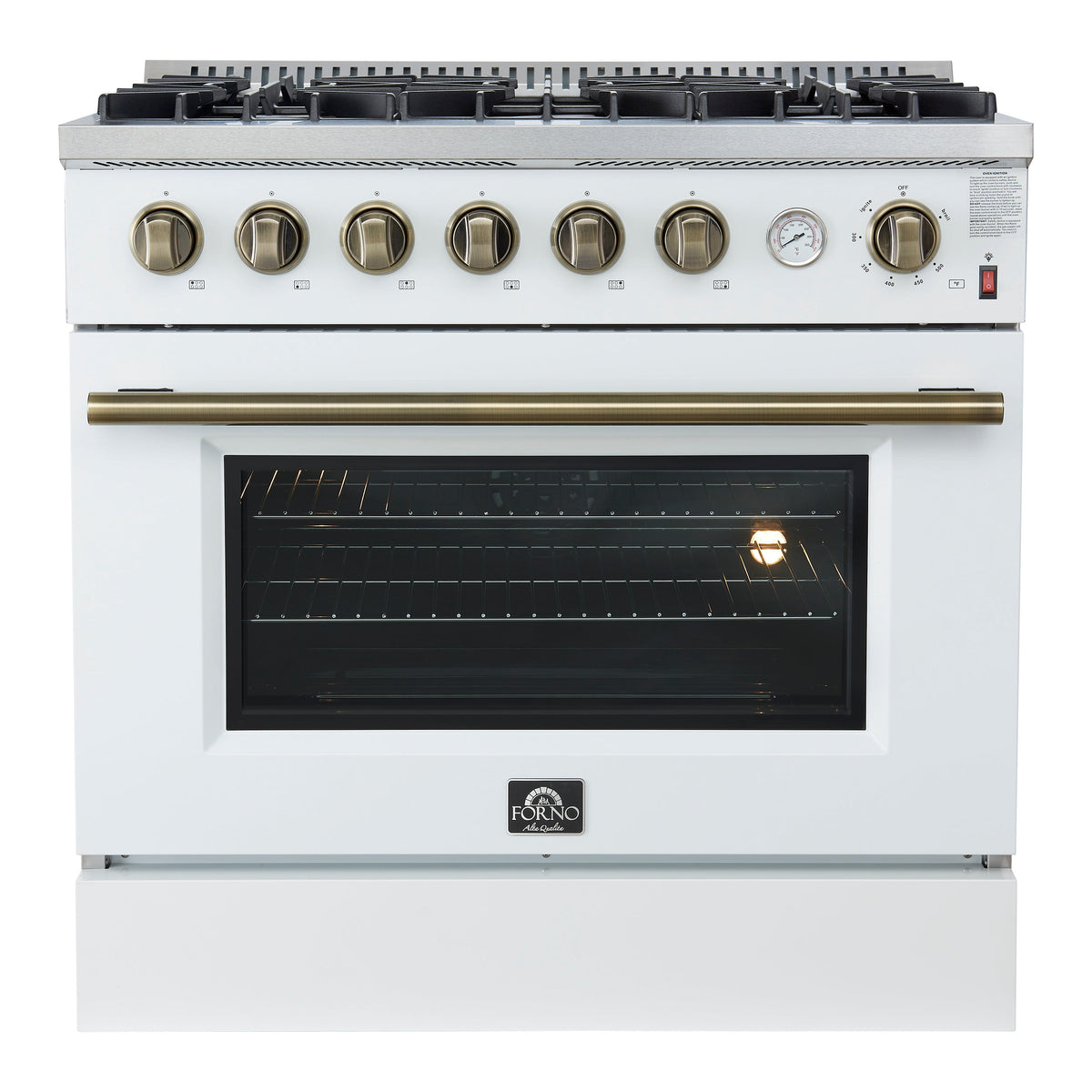 Forno Marco 36-Inch Gas Range, 5.36 cu. ft. Oven, 6 Sealed Burners, Temperature Gauge, White with Antique Brass Accents (FFSGS6277-36WHT)