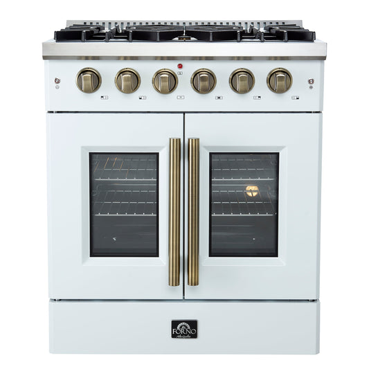 FORNO Galiano 30" French Door Gas Range, 4.32 cu. ft. Oven, 5 Sealed Burners, White Finish with Antique Brass Accents (Model FFSGS6444-30WHT)