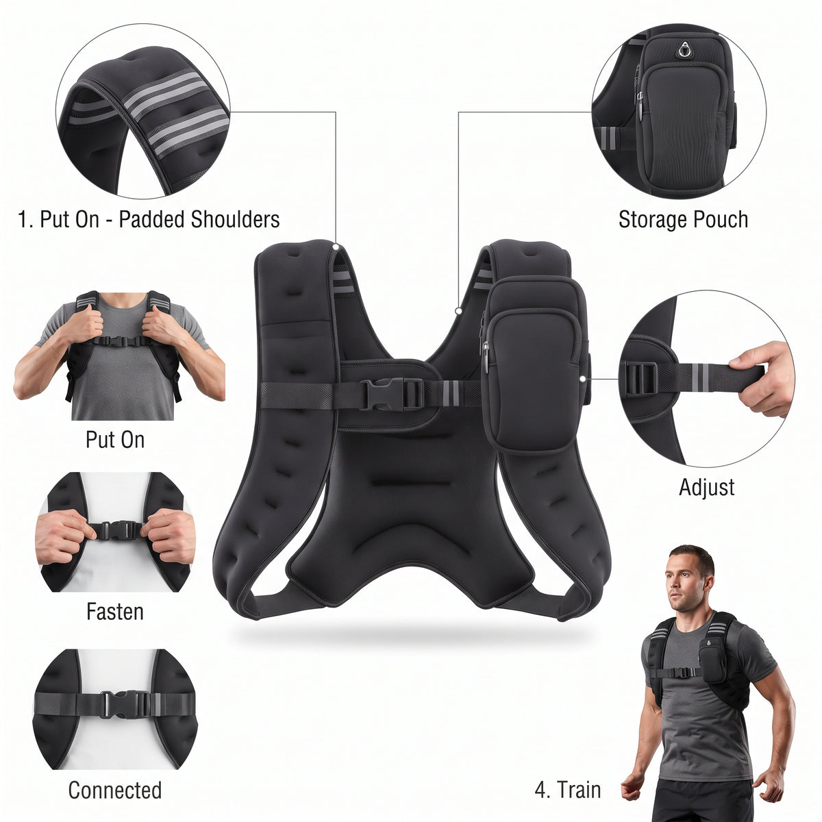 Breezy Classic X-Shaped Weighted Vest with Armband Pouch, 8-20 lb, Black