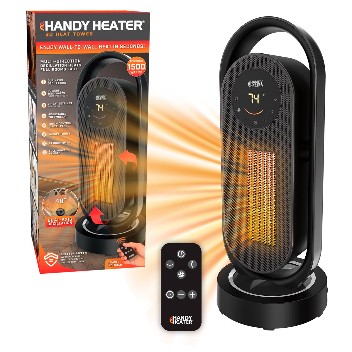 1500W Ceramic Tower Heater with Dual-Axis Oscillation, Remote and Timer