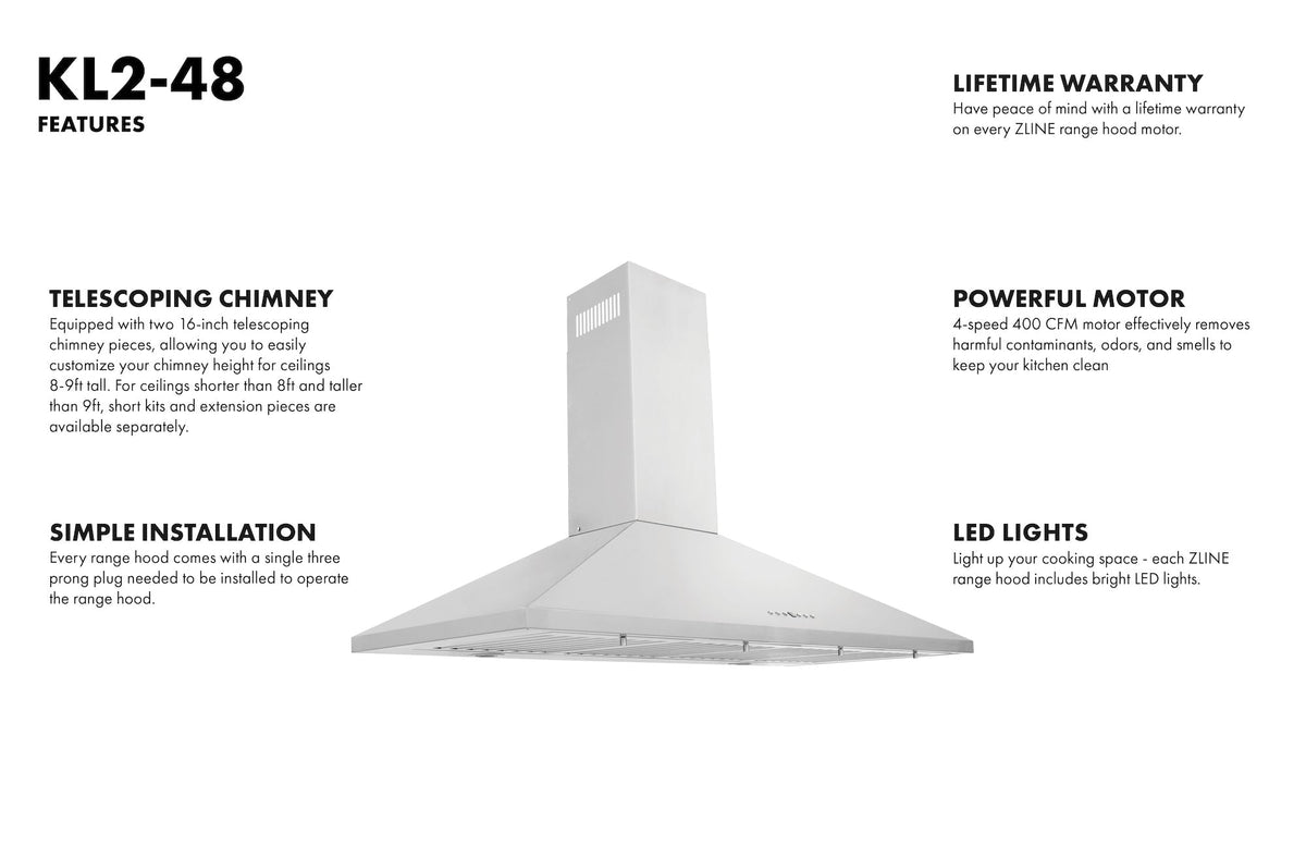 ZLINE 48 in Wall Mount Range Hood Stainless Steel Convertible Vent Kitchen Hood KL2-48