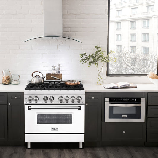 ZLINE 36-Inch Dual Fuel Professional Range with 6 Gas Burners, Electric Convection Oven, White Matte Door, Stainless Steel, Model RA-WM-36