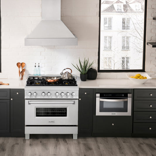ZLINE 36 in. 4.6 cu. ft. Legacy Series Dual Fuel Range with 6-Burner Gas Cooktop and Electric Convection Oven in Satin Stainless Steel with Brass Burners (RAS-SN-BR-36)