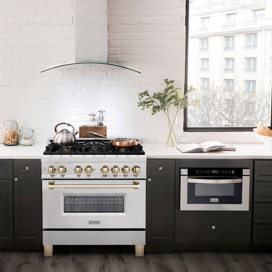 ZLINE Autograph 36 in. 4.6 cu. ft. Legacy Dual Fuel Range with 6 Gas Burners and Electric Convection Oven in Satin Stainless Steel with Polished Gold Accents (RASZ-SN-36-G)